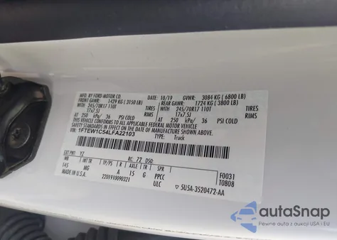 2020 Ford F-150 Xlt z USA, uszkodzony, nr VIN 1FTEW1C54LFA22103